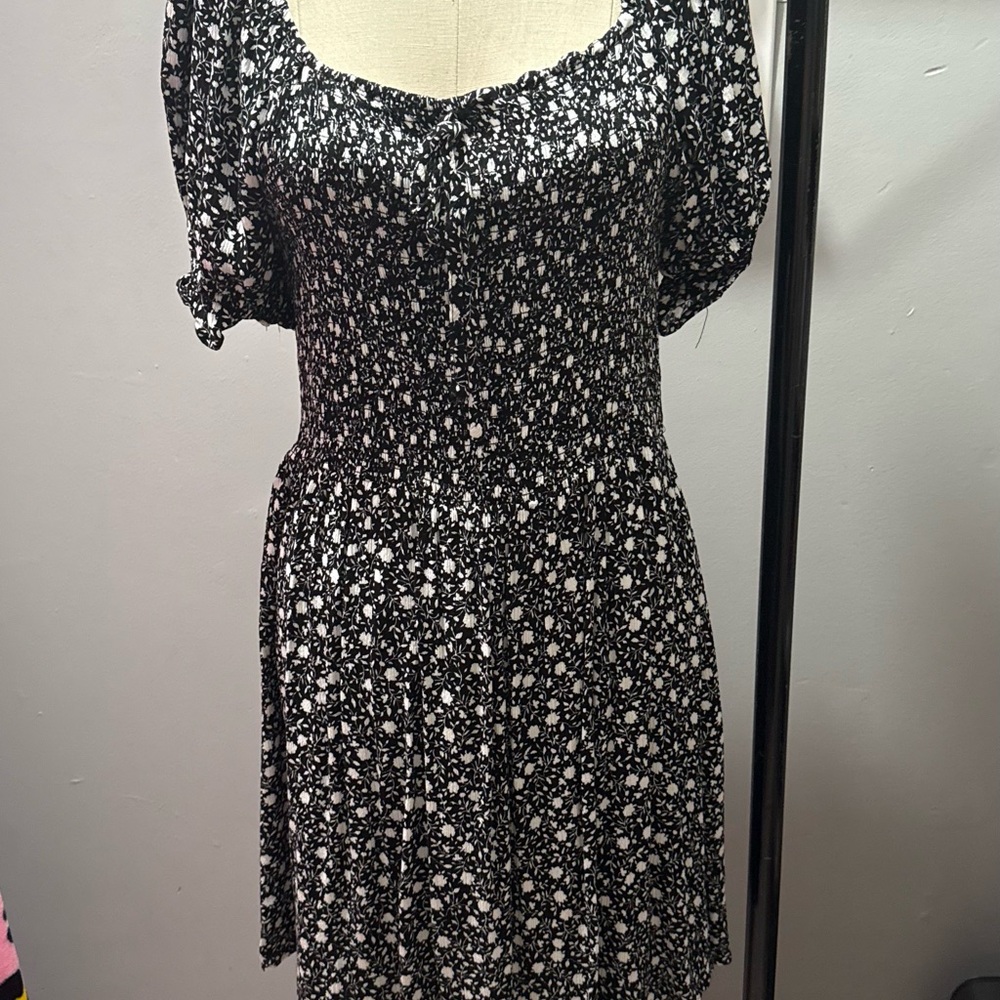 Black Floral Smocked Mini Dress with Puff Sleeves